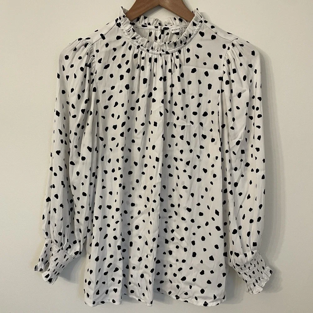 Maison d'Amélie Paris Dalmatian Dot Blouse Large Ruffle Mock Neck Smocked Cuff L - Picture 2 of 16